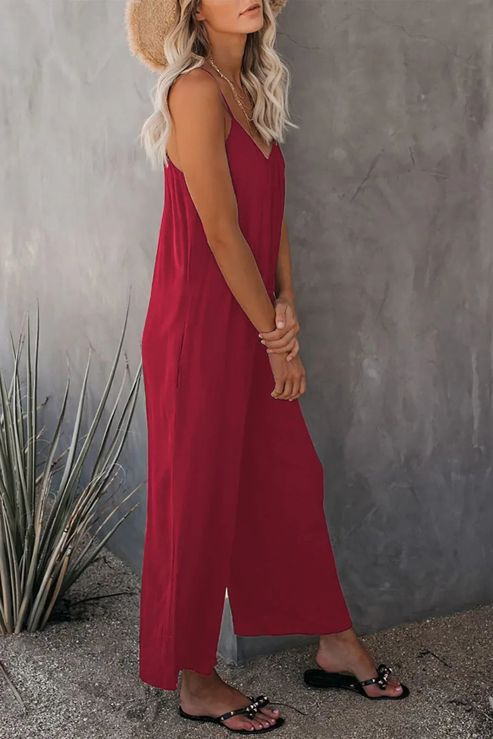 European and American Suspender Women's 2025 Summer New Foreign Trade Tolid Color Pocket Casual Jumpsuit