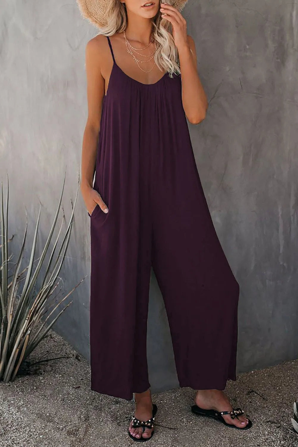 European and American Suspender Women's 2025 Summer New Foreign Trade Tolid Color Pocket Casual Jumpsuit