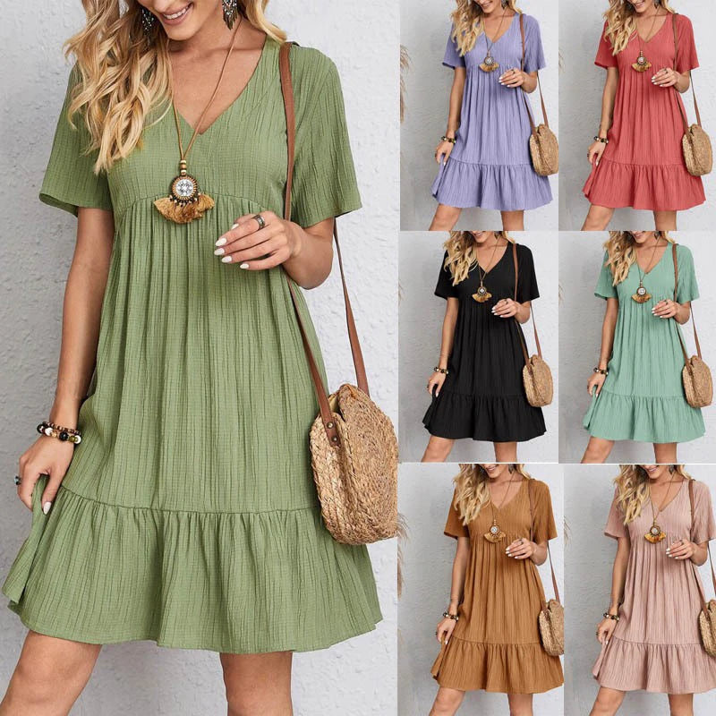 Women Mini Dress Summer 2025 Casual Solid V Neck Ruffles A-line Dress Female Fashion Holiday Boho Loose Beach Elegant Dresses Vestido