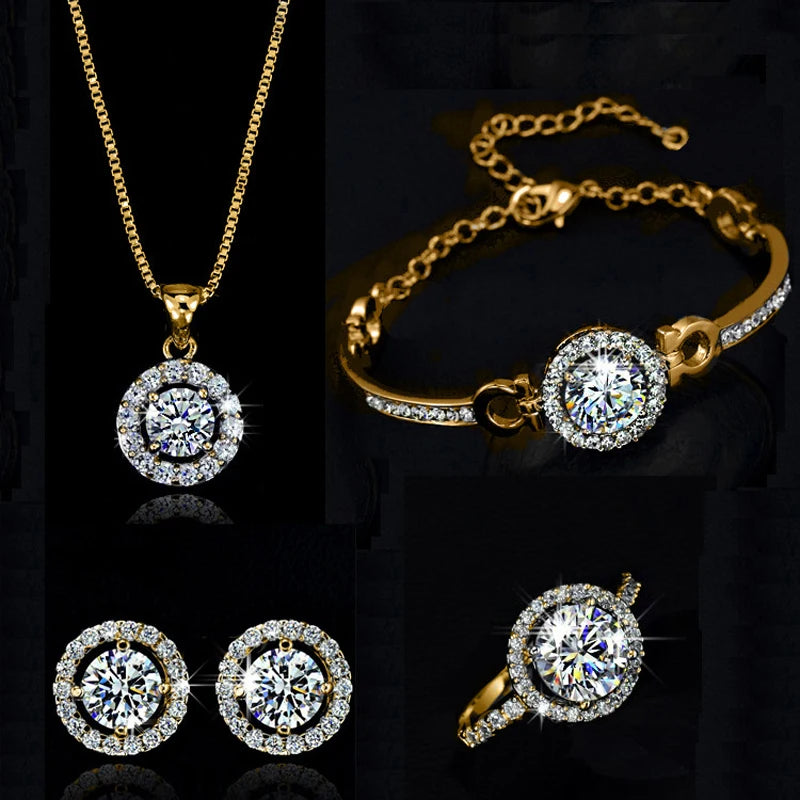 Top Quality Exquisite Crystal Women Wedding Necklace Earring bracelets Ring Zircon Jewelry Set for bride