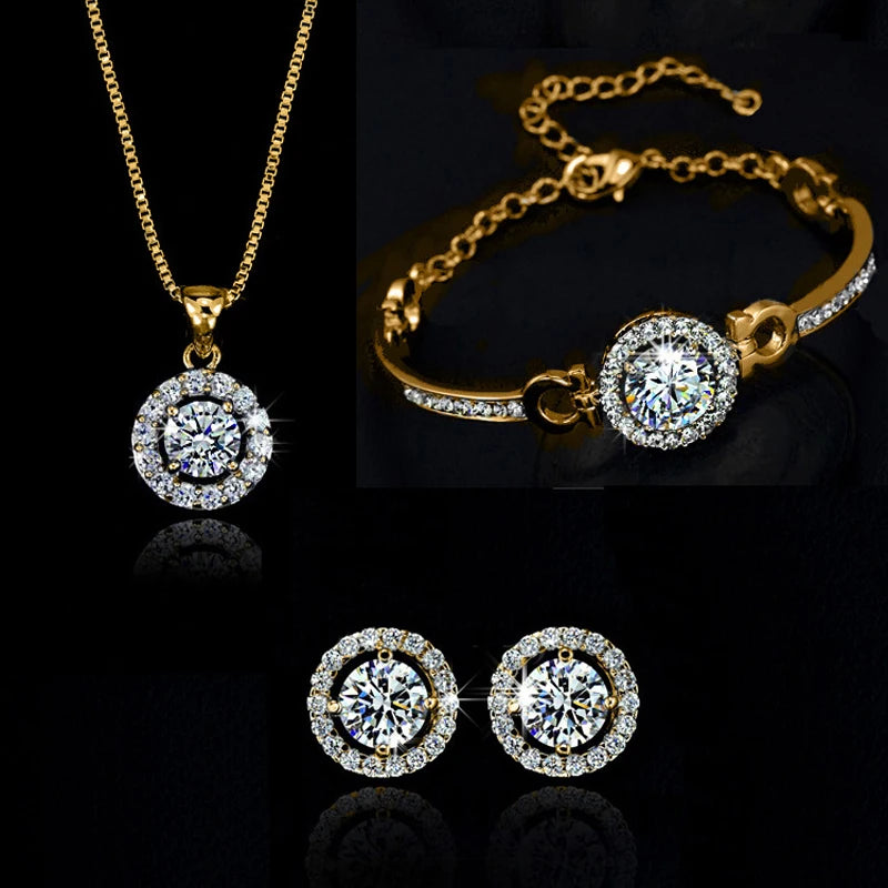 Top Quality Exquisite Crystal Women Wedding Necklace Earring bracelets Ring Zircon Jewelry Set for bride