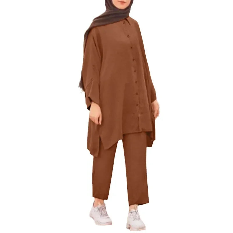 Cross-Border Shirtsuit Women's Malaysian Muslim Fashionable Casual 2-Piece Set Plus Size Clothing From China Mainland