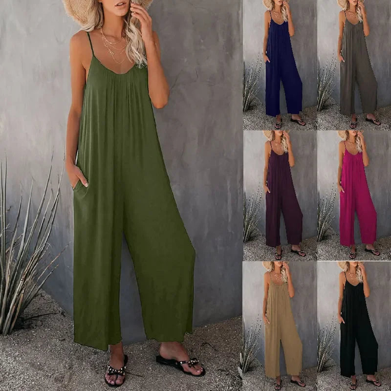 European and American Suspender  Women's 2025 Summer New Foreign Trade Tolid Color Pocket Casual Jumpsuit