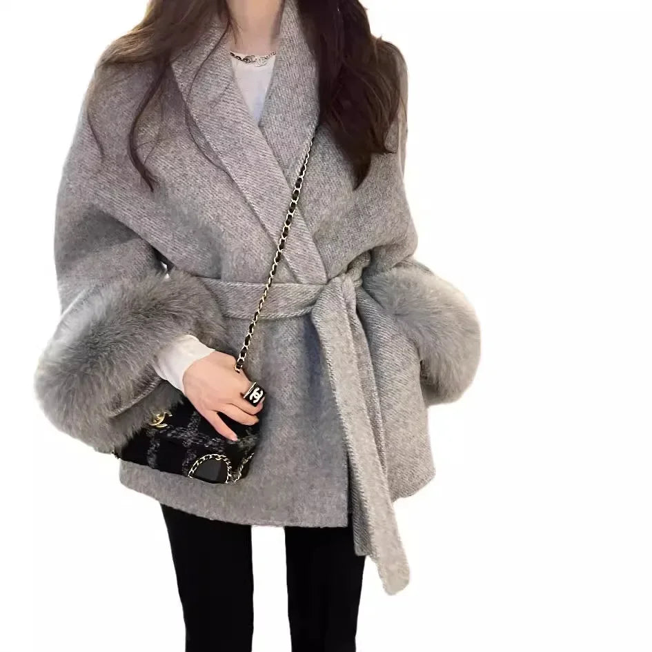 High End Double-sided Wool Strapping Real Wool Fur Coat Women's Removable Cuffs Fox Fur Temperament Cashmere Short Jacket