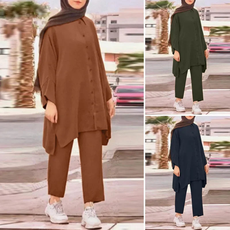 Cross-Border Shirtsuit Women's Malaysian Muslim Fashionable Casual 2-Piece Set Plus Size Clothing From China Mainland