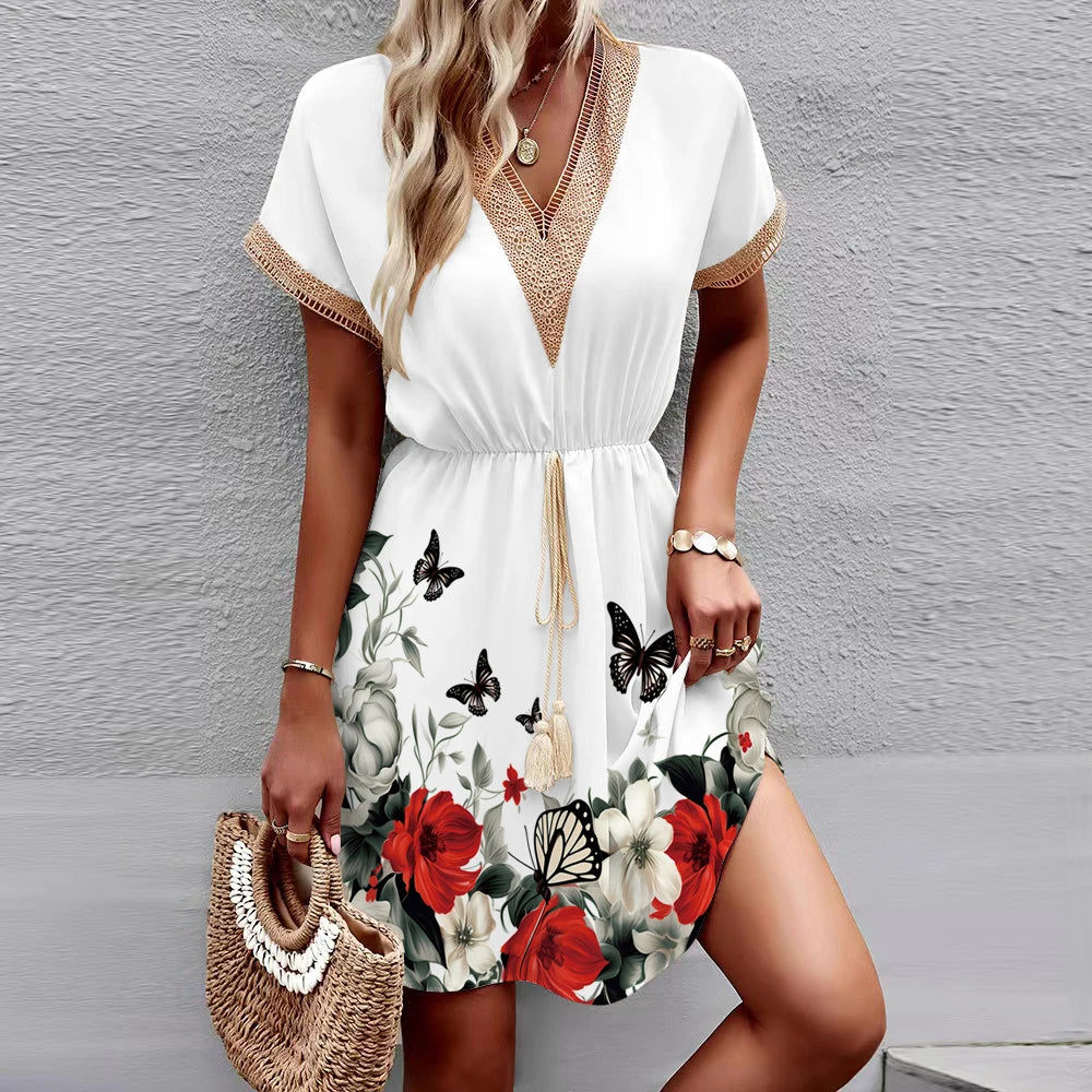 2025 New European and American Spring/Summer Printed Bat Sleeves Lace V-Neck Waist Wrap Short Sleeve Medium Length Dress