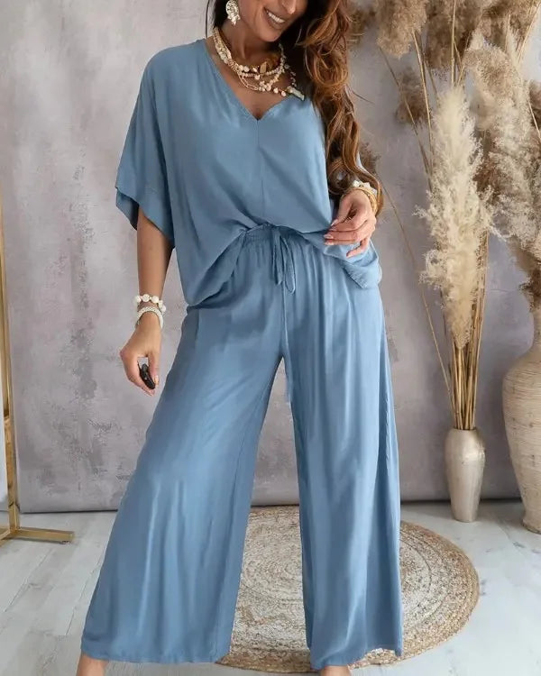 Summer White Two Piece Set For Women V Neck Bat Sleeve Top Casual Loose Lace Up Wide-leg Pants 2 Piece Suit Home Outfits Women's