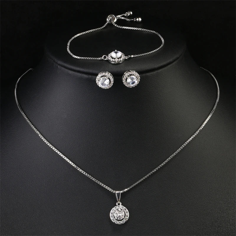 Simple Geometric Round Zircon Pendant Necklace for Women Clear  AAA Zirconia Crystal Charm Chain Necklaces Wedding Jewelry Sets