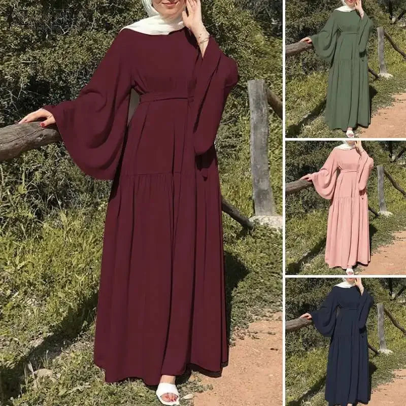 Long-sleeved Muslims Dubai Abayas Fashion O-neck Dress for Women Spring Solid Color Casual Robe Female Islam Clothes with Belt,hijab