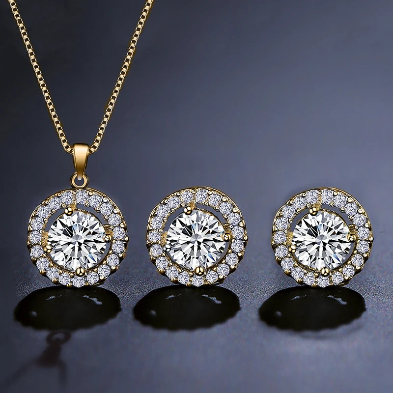 Simple Geometric Round Zircon Pendant Necklace for Women Clear  AAA Zirconia Crystal Charm Chain Necklaces Wedding Jewelry Sets