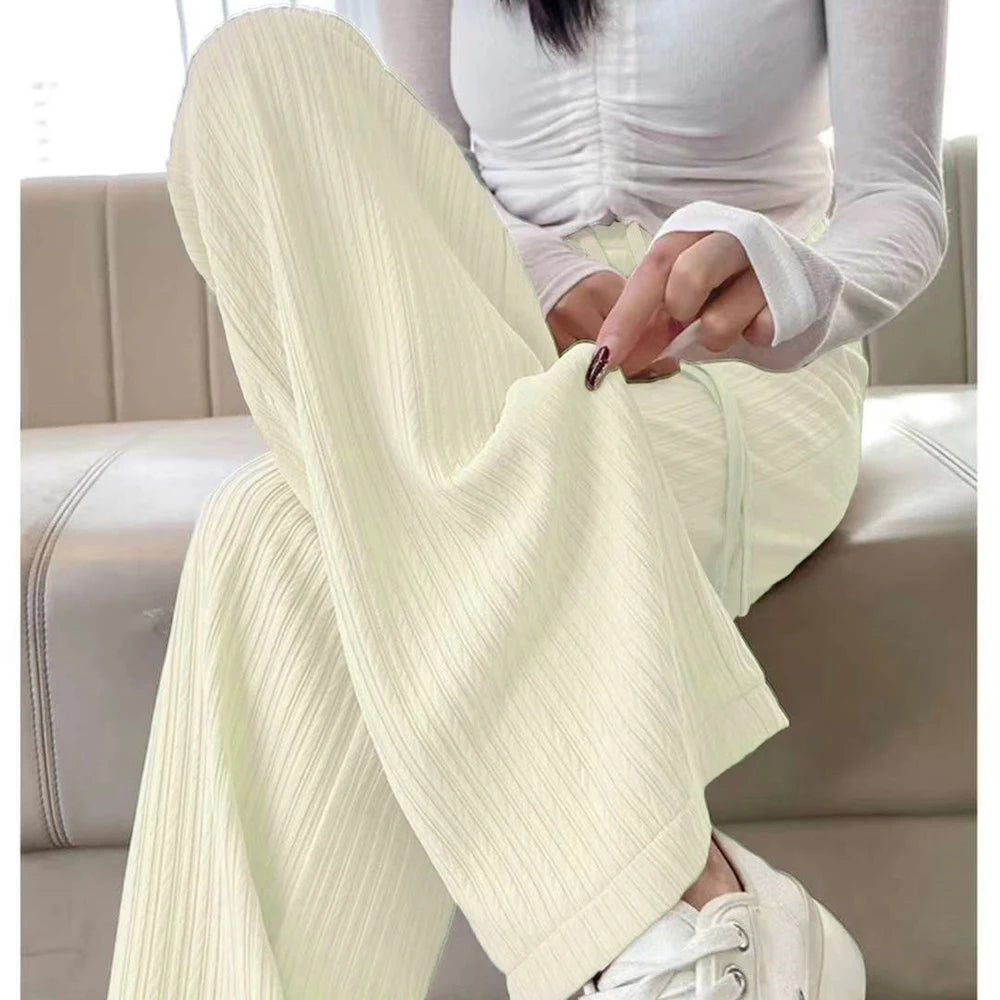 Summer Cool Ice Silk Straight Pants Women Fashion High Waist Wide Leg Trousers Female Solid Sagging Feeling Baggy Casual Pants