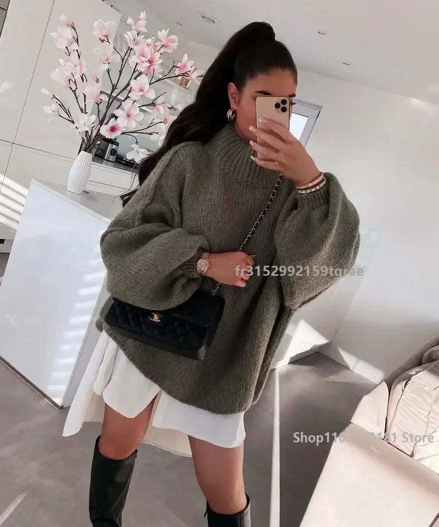 Vintage Loose Sweater Women Fashion Winter Autumn O Neck Lantern Long Sleeve Pullover Top Streetwear Chic Knitwear Female Jumper