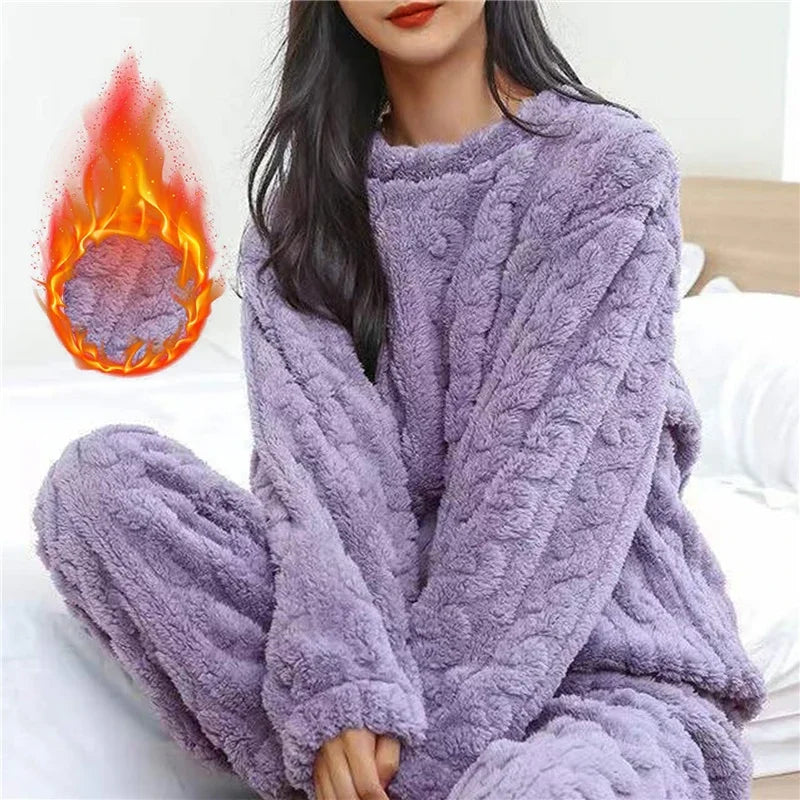 Women's 2025 pajamas set Winter Coral Velvet Homewear Fluffy O-neck leisure pajamas Velvet thickened two-piece loungewear set