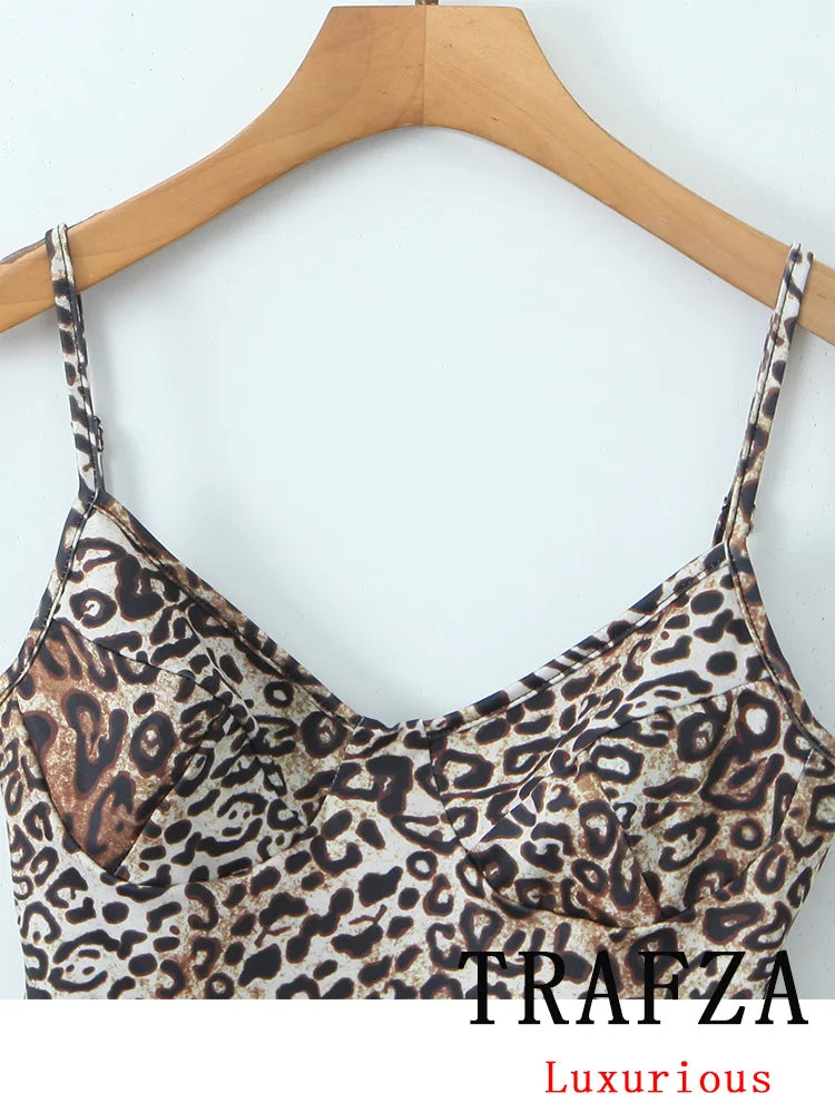 TRAFZA Sexy Style Bodysuits Leopard Print Sleeveless Slim Bodysuits New Fashion 2025 Spring Summer Night Club Sheath Jumpsuits