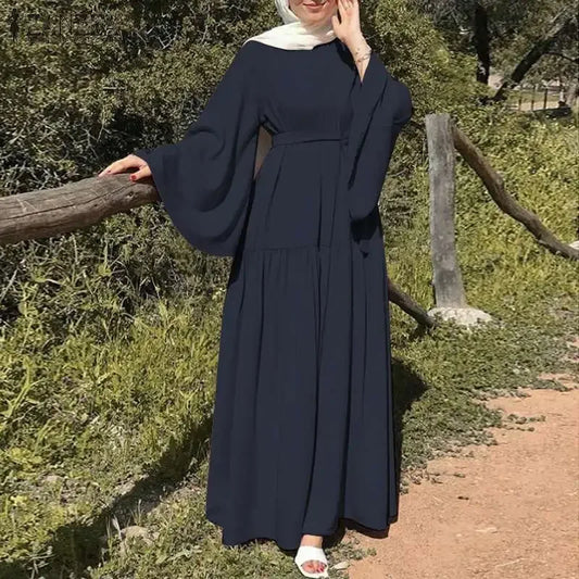 Long-sleeved Muslims Dubai Abayas Fashion O-neck Dress for Women Spring Solid Color Casual Robe Female Islam Clothes with Belt,hijab