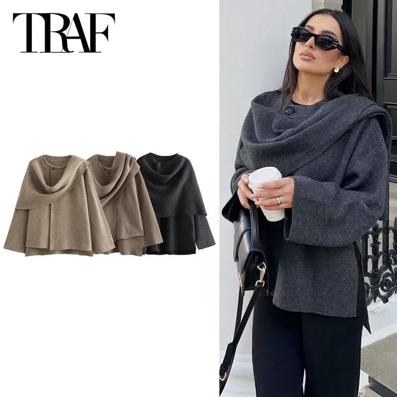 TRAF 2025 Woman Scarf Knit Cardigan Women's Sweater Crop Long Sleeve Top New Knitwear Oversized Cardigan Loose Cozy Outerwears