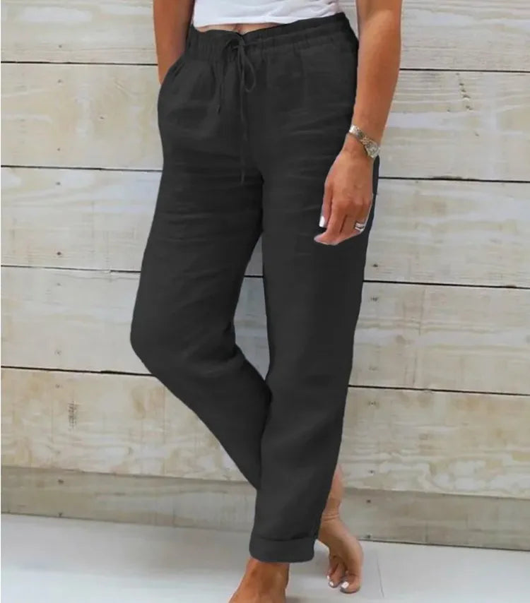 Cotton Linen Summer Pants for Women High Waist Elastic Casual Trousers Streetwear Solid Female Clothes 2025 Loose Pencil Pants