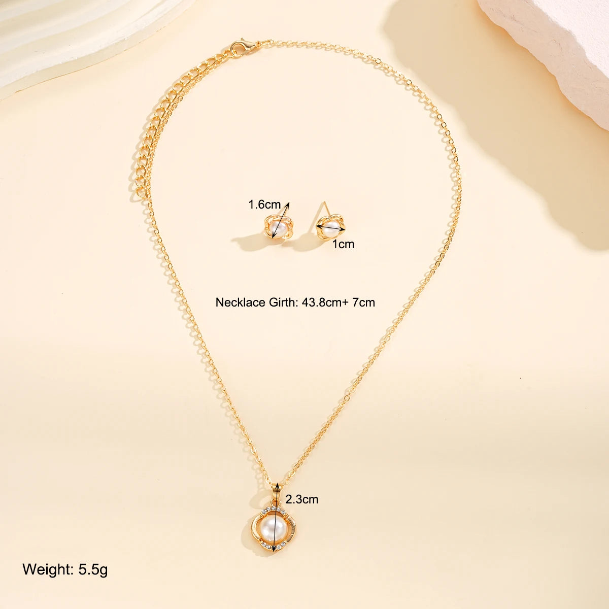 New 2Pcs/Set Zircon Imitation Pearl Necklace Earring for Women Elegant Geometry Gold Silver Color Jewelry Set Fashion Party Gift