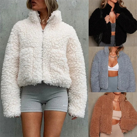 Winter Lamb Wool Short Coat For Women Thicken Warm Long Sleeve Turtleneck Jackets 2025 Autumn Fashion Streetwear Ladies Overcoat