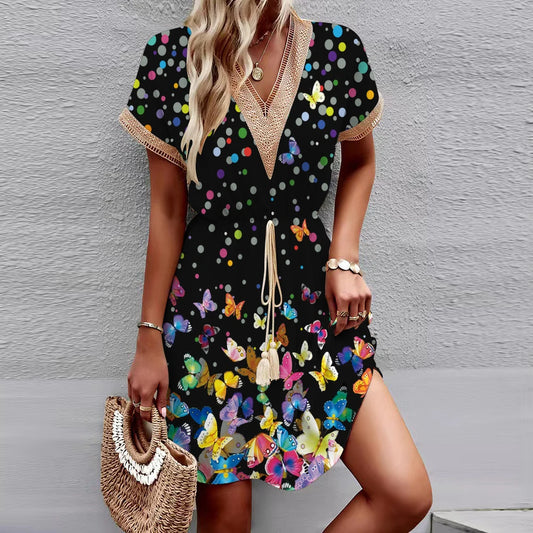 2025 New European and American Spring/Summer Printed Bat Sleeves Lace V-Neck Waist Wrap Short Sleeve Medium Length Dress