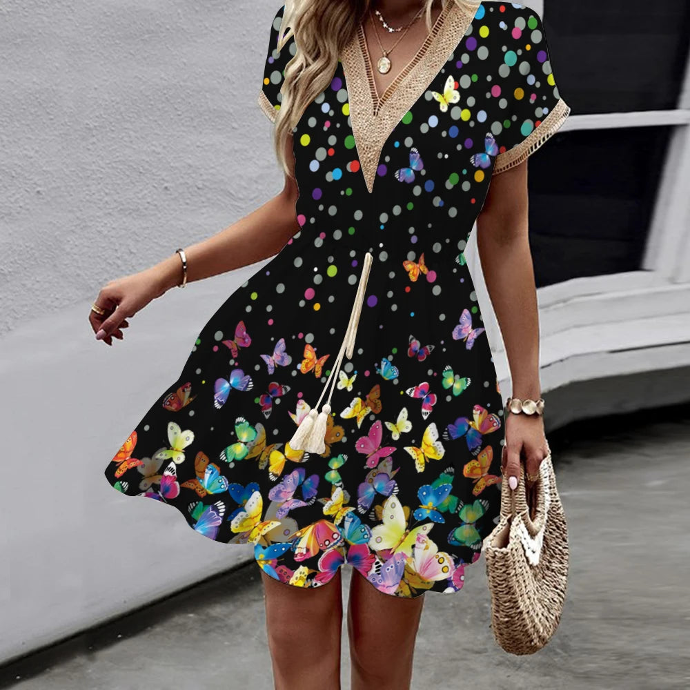 2025 New European and American Spring/Summer Printed Bat Sleeves Lace V-Neck Waist Wrap Short Sleeve Medium Length Dress