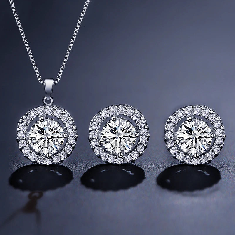 Simple Geometric Round Zircon Pendant Necklace for Women Clear  AAA Zirconia Crystal Charm Chain Necklaces Wedding Jewelry Sets