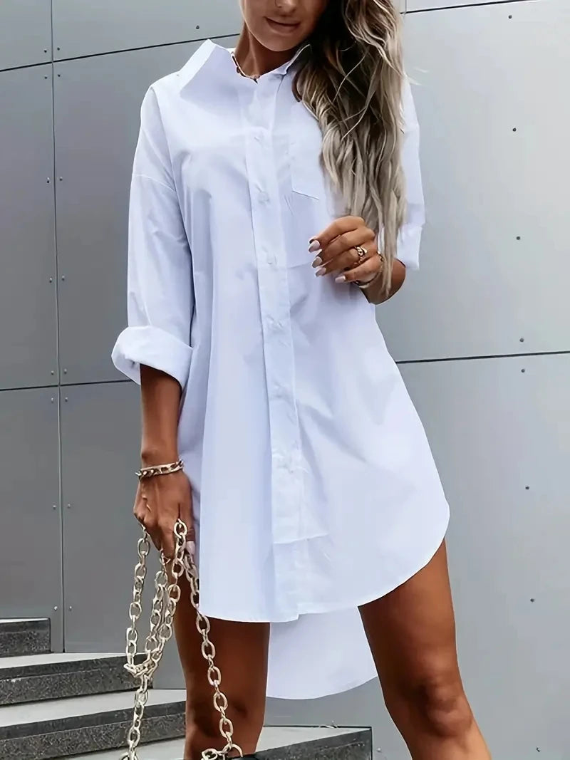 Women's Solid Color Button Front Shirt Dress - Casual Long Sleeve Lapel Dress for Spring & Fall