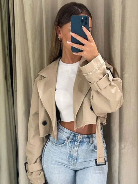 TRAF 2025 Belt Cropped Trench Spring Jacket Women Vintage Streetwear Double Breasted Long Sleeve Top Female Coat Outfits