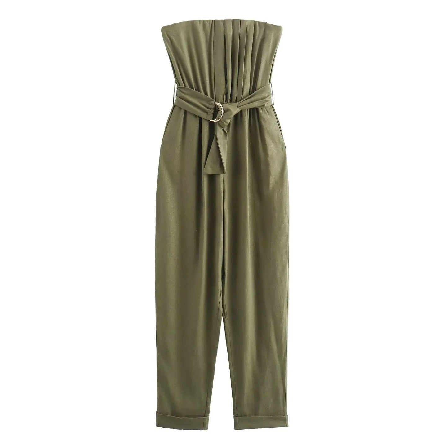 TRAF Women Fashion With Belt ArmyGreen Side Zipper Backless Jumpsuits Vintage Strapless Slash Neck Female Chic Lady Rompers