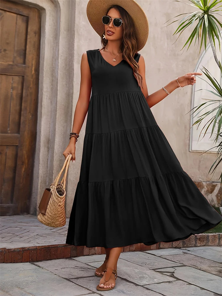 2025 Women Dress Summer Casual Brand Vacation Holiday Beach Long Dresses V-neck Loose Elegant Yellow Black RUFFLES Dress Femme