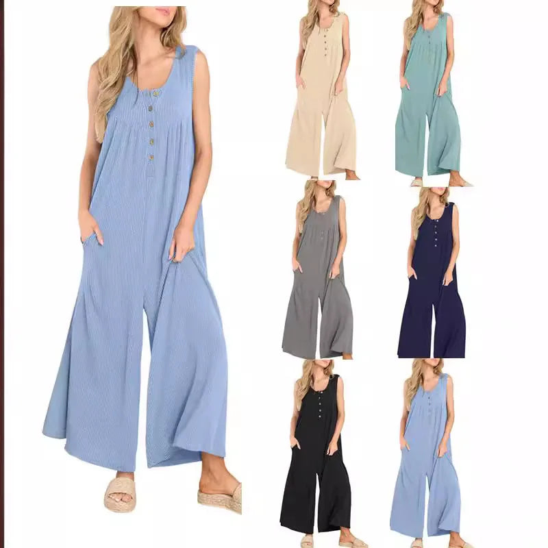 Women's Casual Jumpsuit, Fresh Solid Color, Pocket, Summer, New 2025