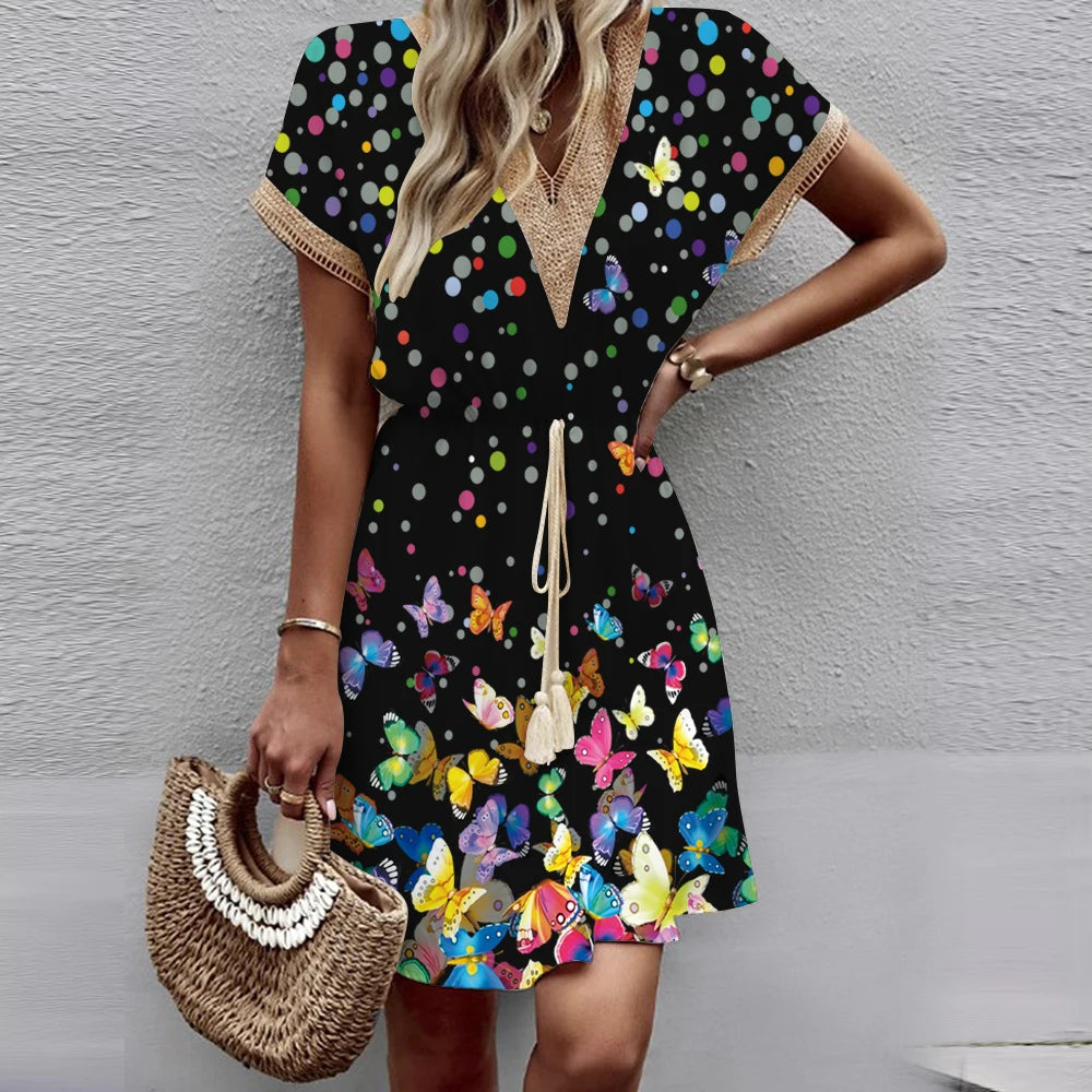 2025 New European and American Spring/Summer Printed Bat Sleeves Lace V-Neck Waist Wrap Short Sleeve Medium Length Dress