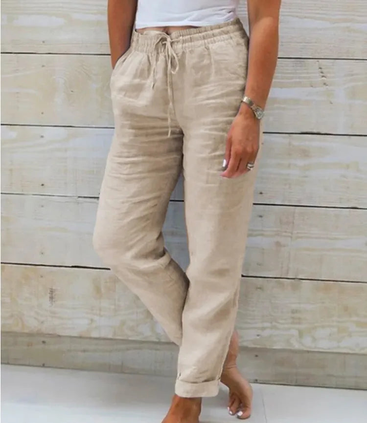 Cotton Linen Summer Pants for Women High Waist Elastic Casual Trousers Streetwear Solid Female Clothes 2025 Loose Pencil Pants