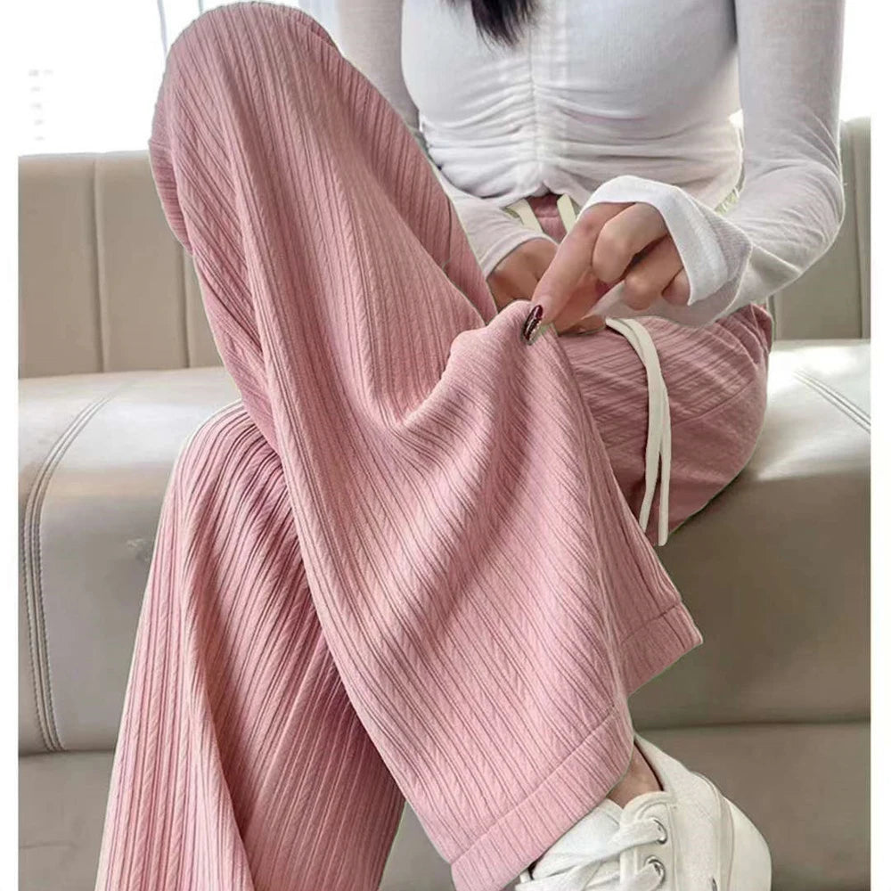 Summer Cool Ice Silk Straight Pants Women Fashion High Waist Wide Leg Trousers Female Solid Sagging Feeling Baggy Casual Pants