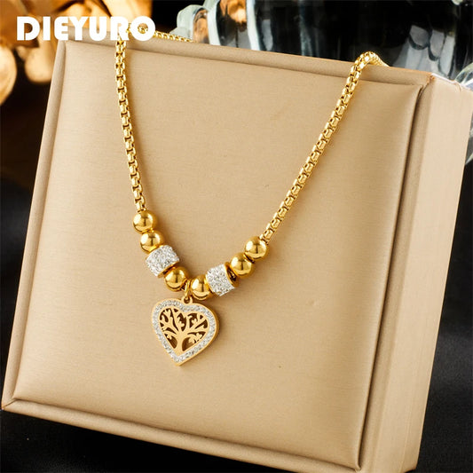 DIEYURO 316L Stainless Steel Heart-Shaped Tree Pendant Necklace For Women New Fashion Beads Choker Chains Jewelry Gift Party