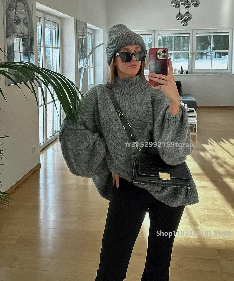 Vintage Loose Sweater Women Fashion Winter Autumn O Neck Lantern Long Sleeve Pullover Top Streetwear Chic Knitwear Female Jumper