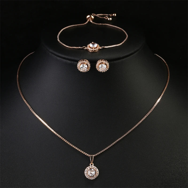 Simple Geometric Round Zircon Pendant Necklace for Women Clear  AAA Zirconia Crystal Charm Chain Necklaces Wedding Jewelry Sets