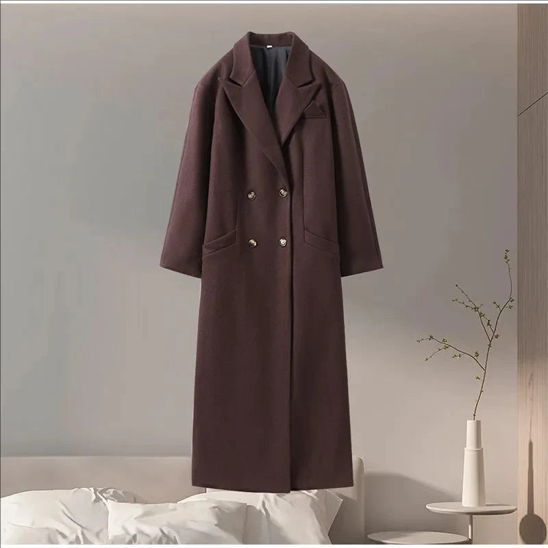 Double Breasted Overcoat Women Flip Collar Coat Vintage British Style Loose Long Sleeve Coats Large Pocket American Fashion