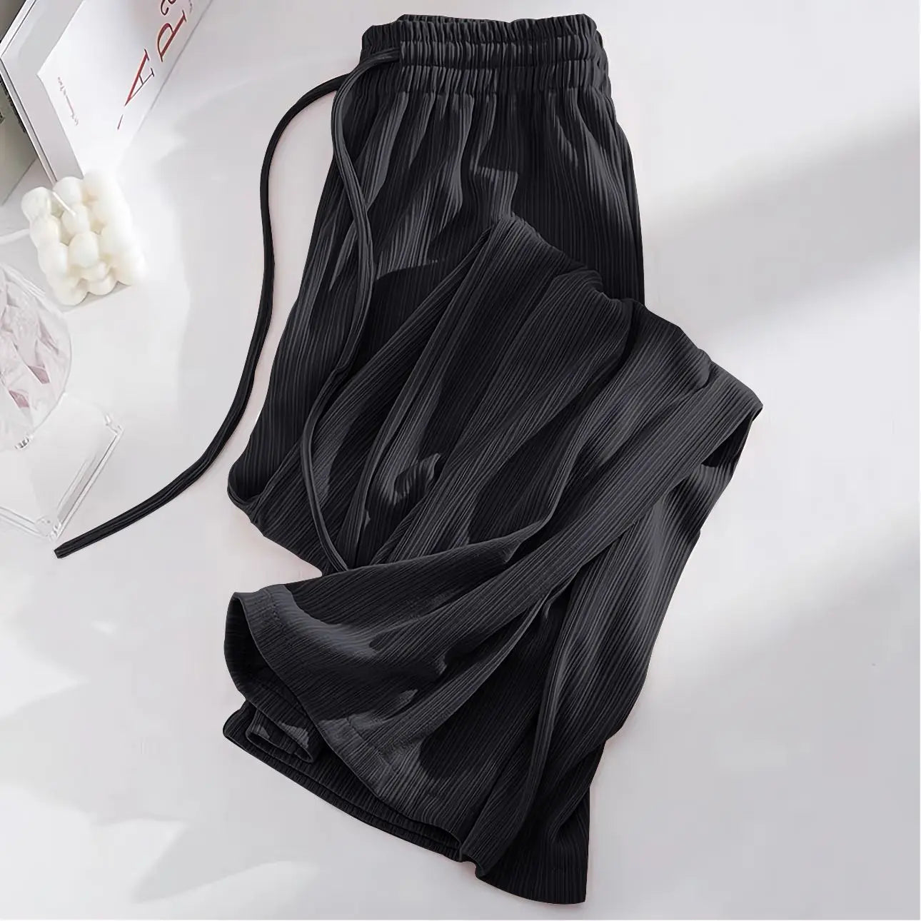 Summer Cool Ice Silk Straight Pants Women Fashion High Waist Wide Leg Trousers Female Solid Sagging Feeling Baggy Casual Pants