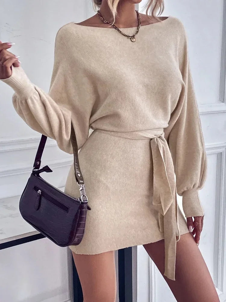 New Women Elegant Long Sleeve Bodycon Dress Boat Neck Batwing Sleeve Belted Dress Sweater Wool Woman 2025 Winter Commute Mini Dresses