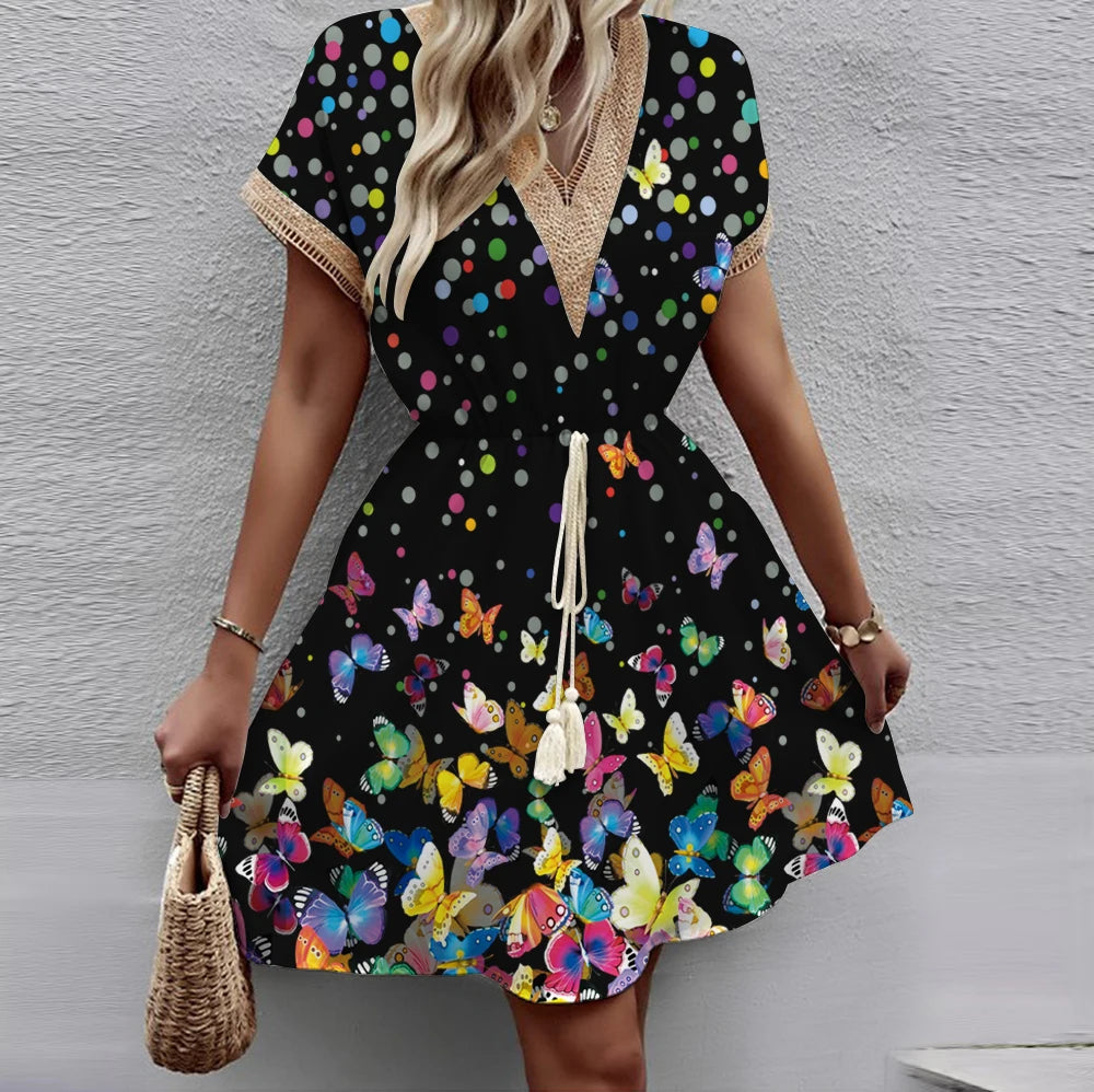 2025 New European and American Spring/Summer Printed Bat Sleeves Lace V-Neck Waist Wrap Short Sleeve Medium Length Dress