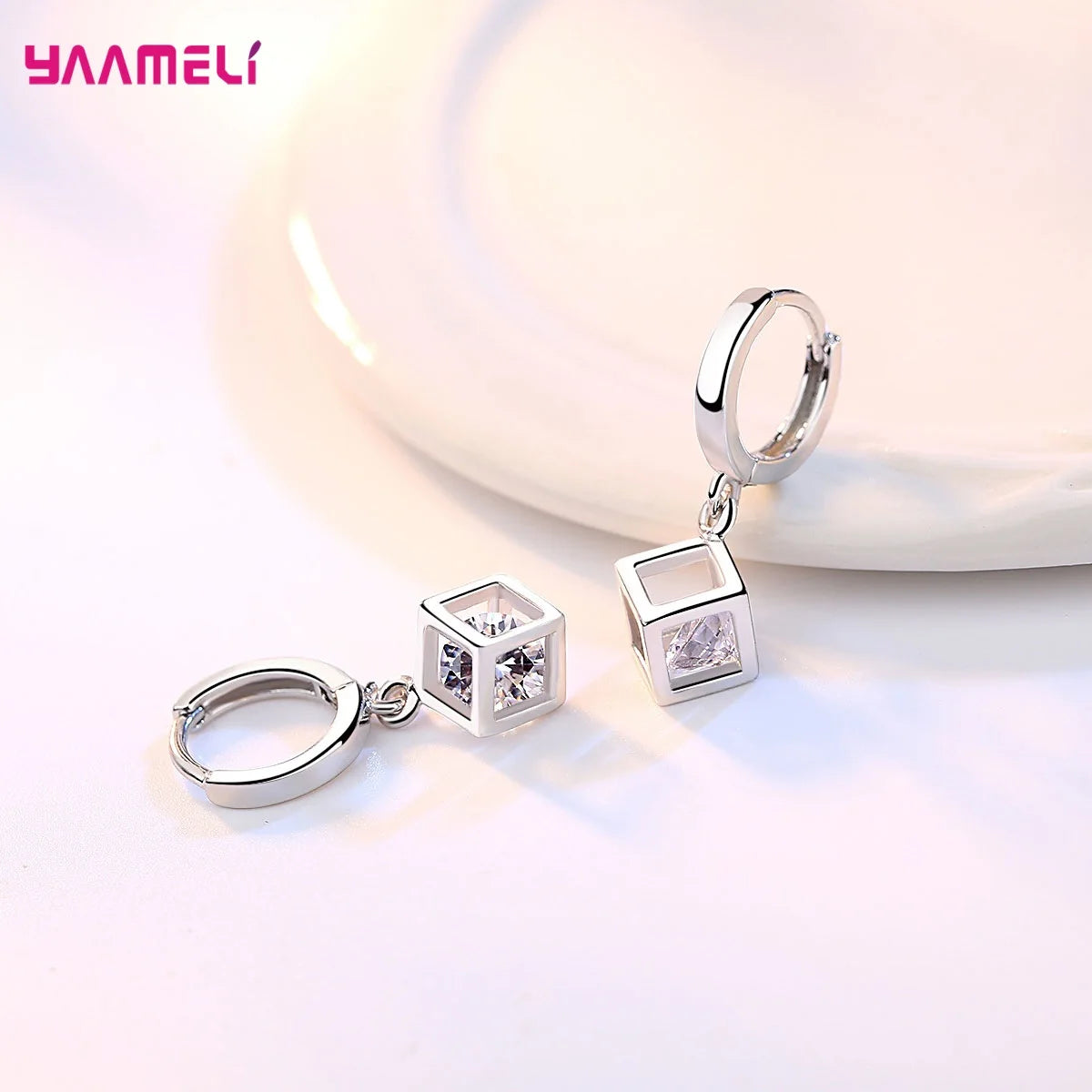 Top Sale Sterling Silver Color Jewelry Gift Set Cube Cubic Zircon Necklace/Earrings/Bracelet/Ring for Wedding Engagement