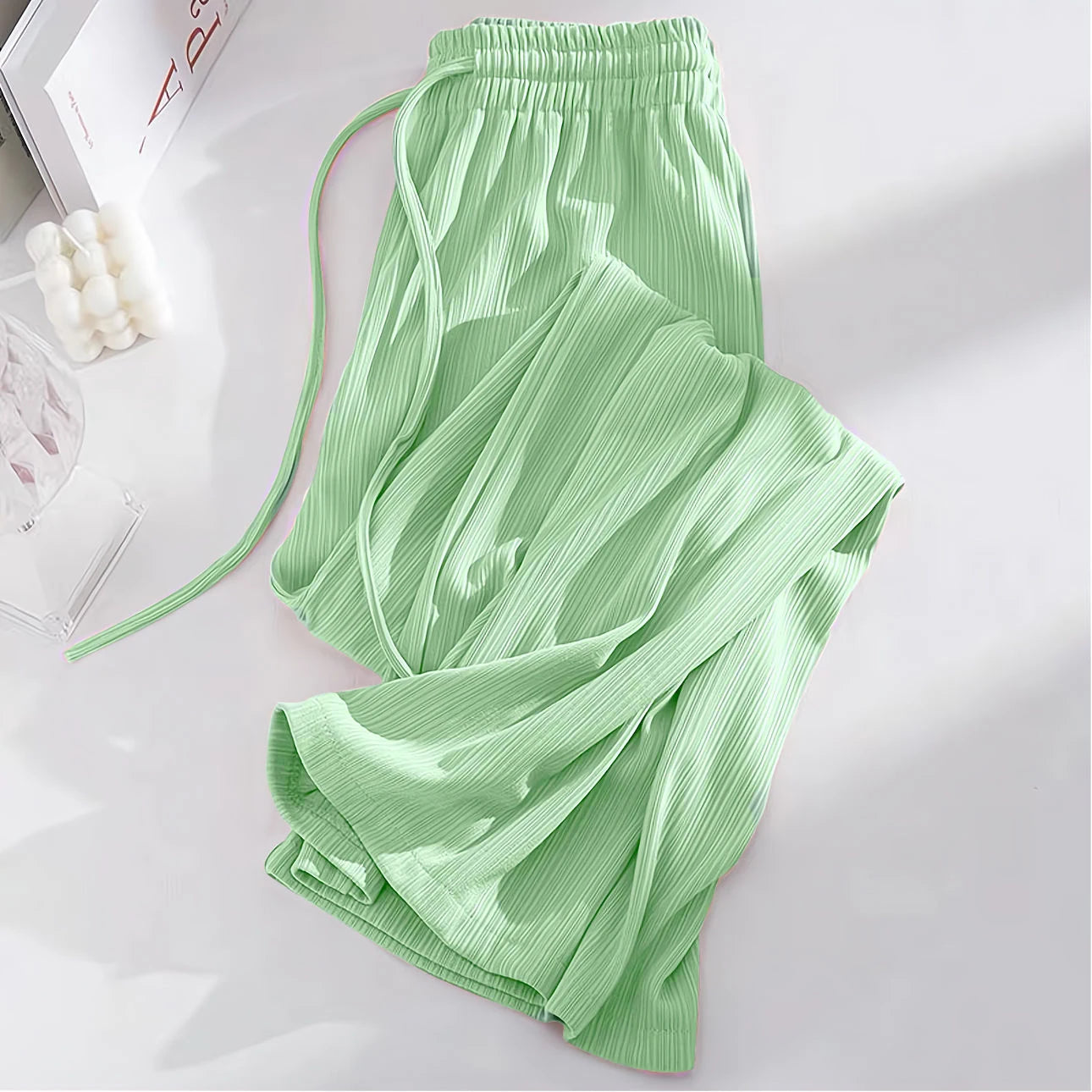 Summer Cool Ice Silk Straight Pants Women Fashion High Waist Wide Leg Trousers Female Solid Sagging Feeling Baggy Casual Pants