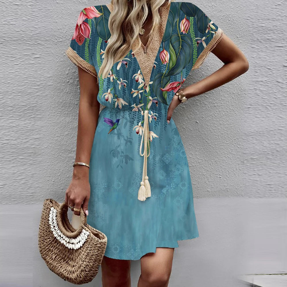 2025 New European and American Spring/Summer Printed Bat Sleeves Lace V-Neck Waist Wrap Short Sleeve Medium Length Dress