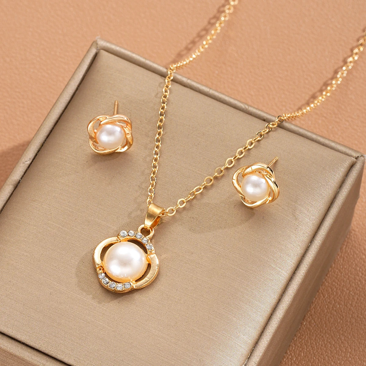 New 2Pcs/Set Zircon Imitation Pearl Necklace Earring for Women Elegant Geometry Gold Silver Color Jewelry Set Fashion Party Gift