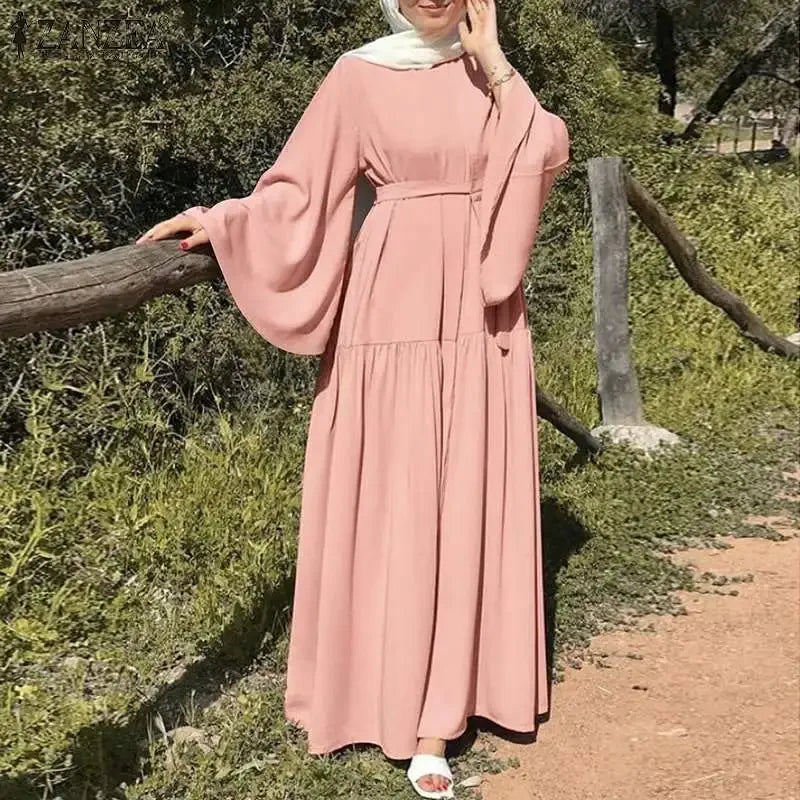 Long-sleeved Muslims Dubai Abayas Fashion O-neck Dress for Women Spring Solid Color Casual Robe Female Islam Clothes with Belt,hijab