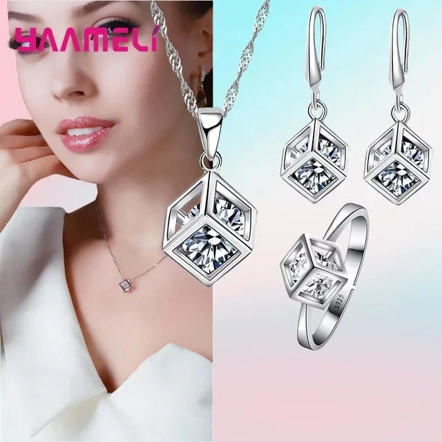 Top Sale Sterling Silver Color Jewelry Gift Set Cube Cubic Zircon Necklace/Earrings/Bracelet/Ring for Wedding Engagement