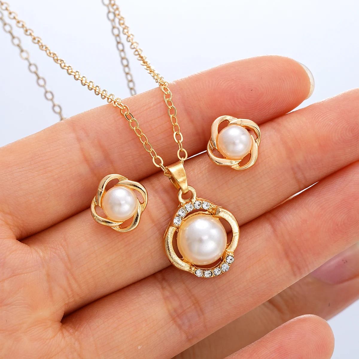 New 2Pcs/Set Zircon Imitation Pearl Necklace Earring for Women Elegant Geometry Gold Silver Color Jewelry Set Fashion Party Gift