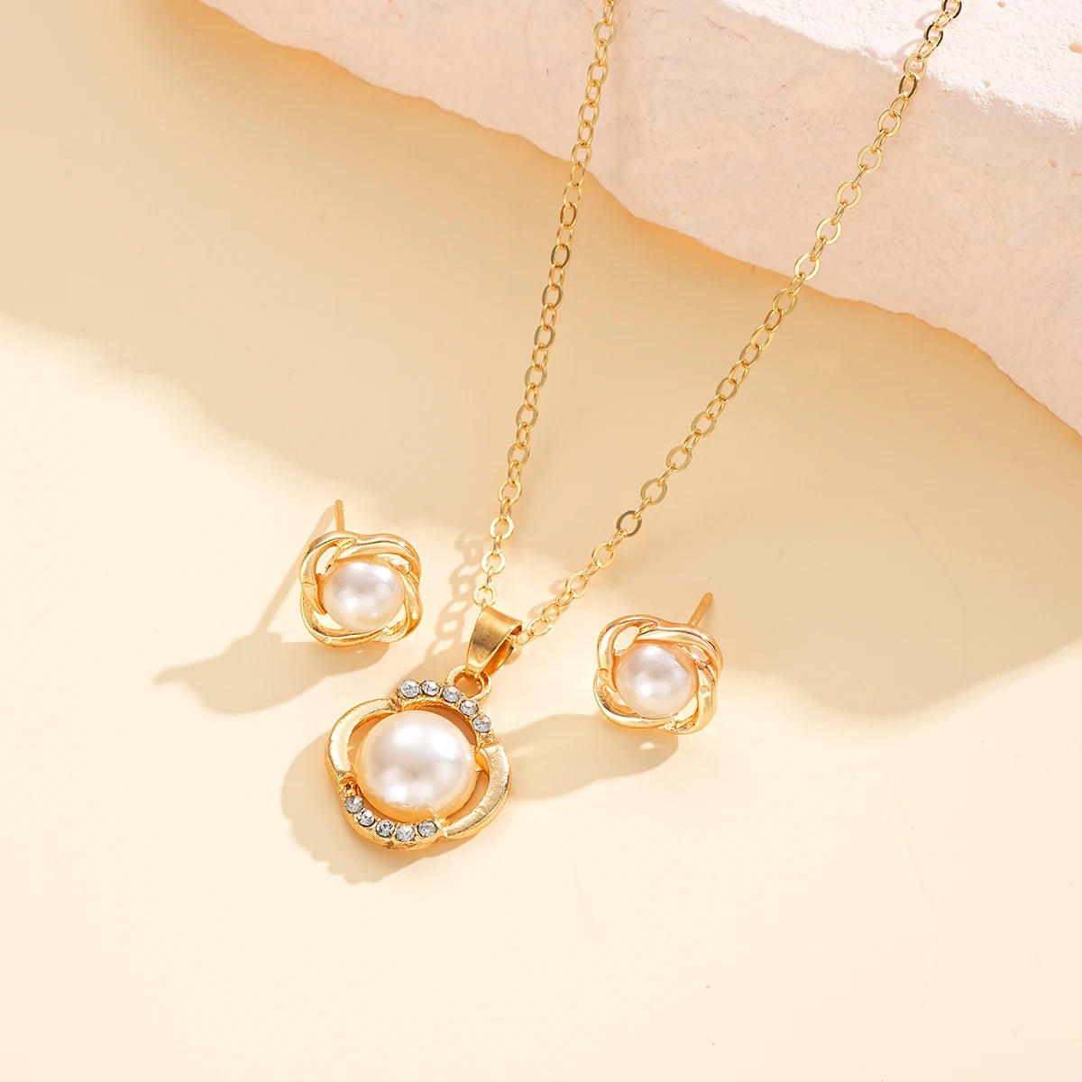 New 2Pcs/Set Zircon Imitation Pearl Necklace Earring for Women Elegant Geometry Gold Silver Color Jewelry Set Fashion Party Gift