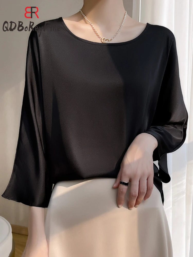 2025 New in Elegant Blouses for Women Spring Summer Oversized T-shirt Casual Loose Satin Slik Shirt Office Ladies Women's Tops